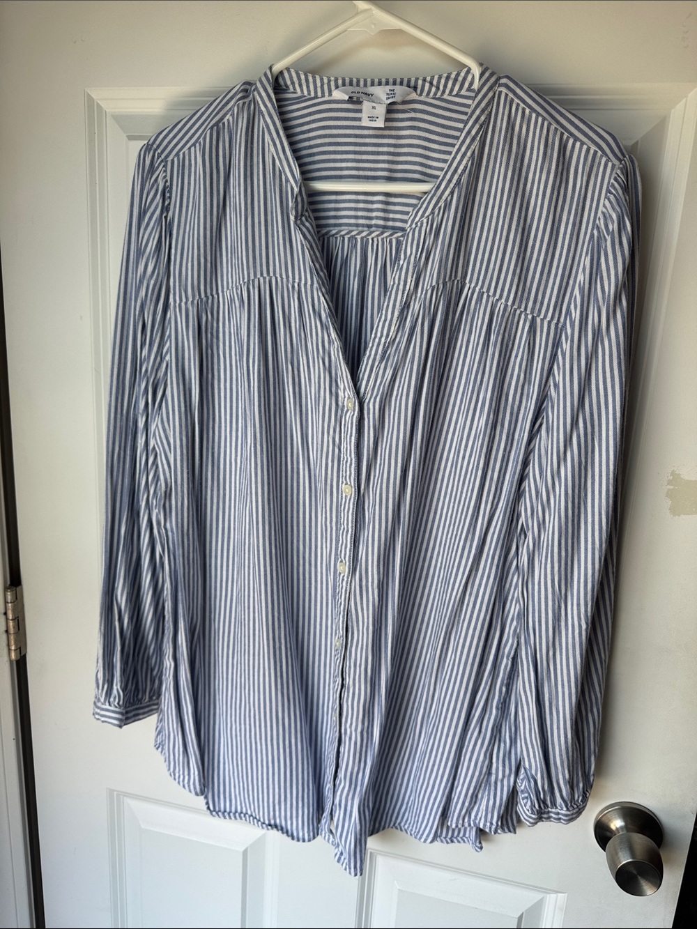 Old Navy Blue and White Vertical Stripe Button-Down Blouse